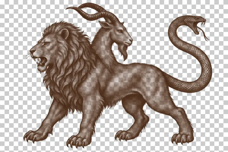 A dark-brown engraved chimera with lion and goat heads, four legs and a snake-headed tail.