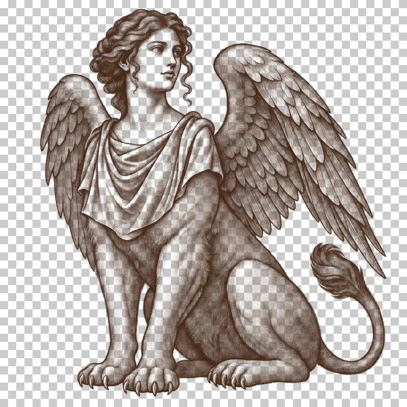 A dark-brown engraved sphinx with a human head, seated lion body, two wings and a draped chest covering.