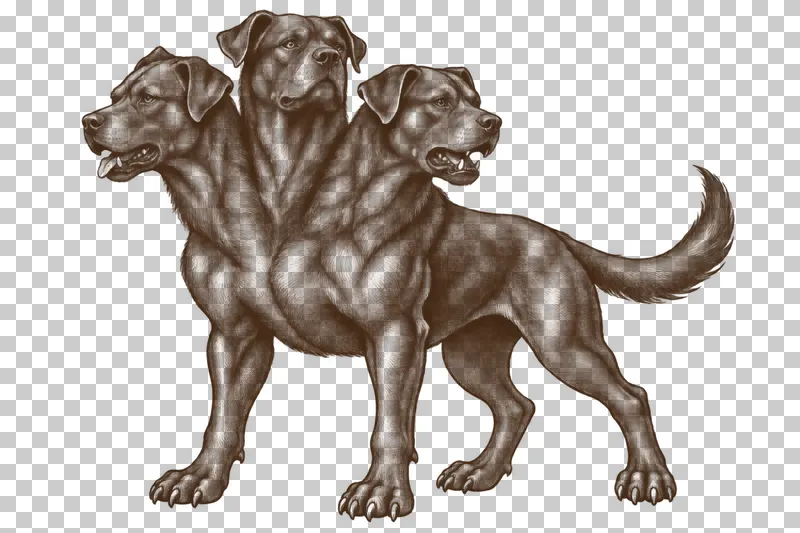 A dark-brown engraved Cerberus with three dog heads, four legs and one tail.