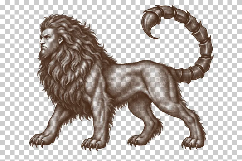 A dark-brown engraved manticore with a human face, lion body and arched scorpion tail.