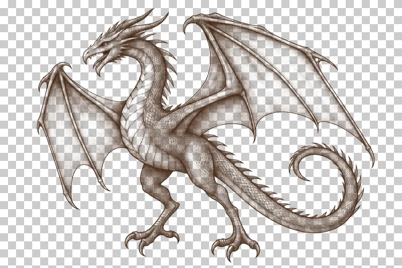 A dark-brown engraved wyvern standing on two legs with two membranous wings and one curled tail.