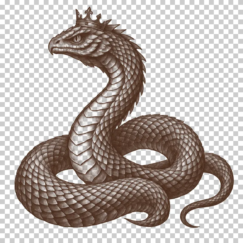 A dark-brown engraved crowned basilisk with one raised serpent head and a coiled scaly body.