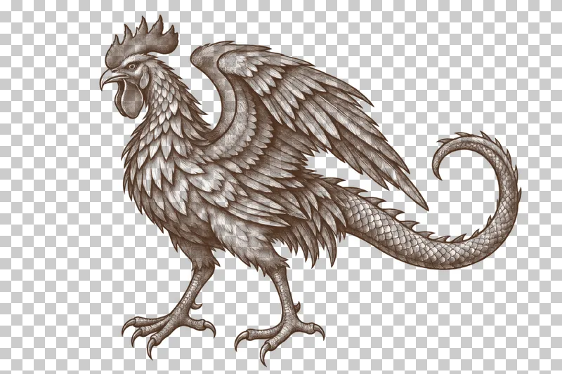 A dark-brown engraved cockatrice with a rooster head, two bird legs, feathered wings and a reptilian tail.