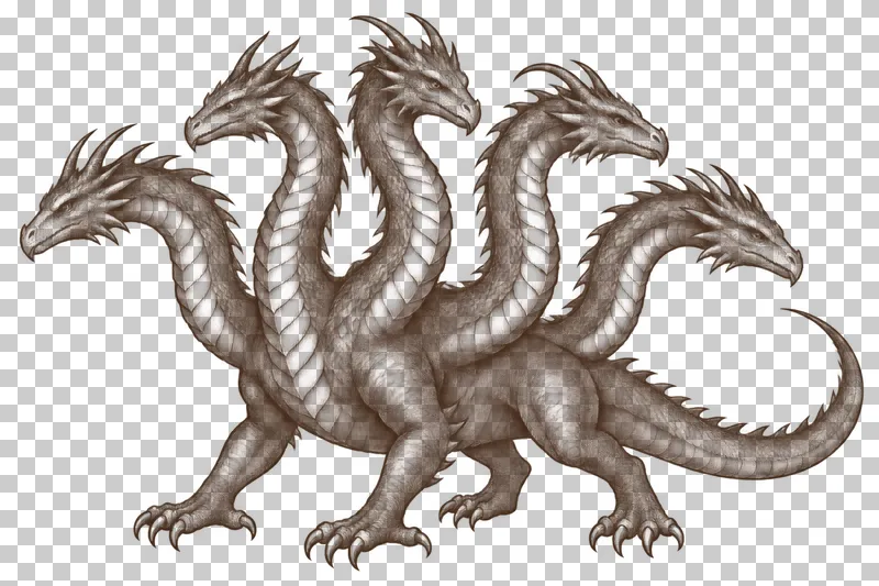 A dark-brown engraved hydra with five distinct closed-mouth heads, five necks, four legs and one tail.