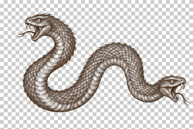 A dark-brown engraved amphisbaena with a head at each end of one continuous serpentine body.