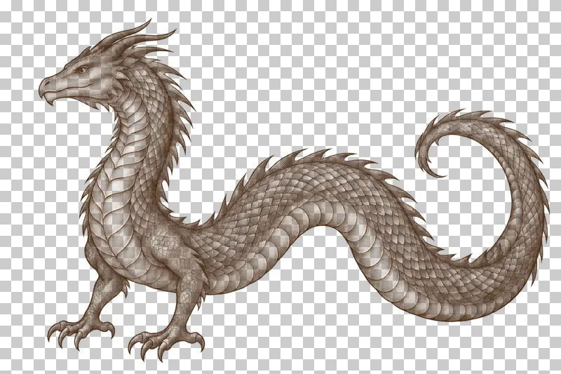 A dark-brown engraved wingless lindworm with two legs and a long curved reptilian body.