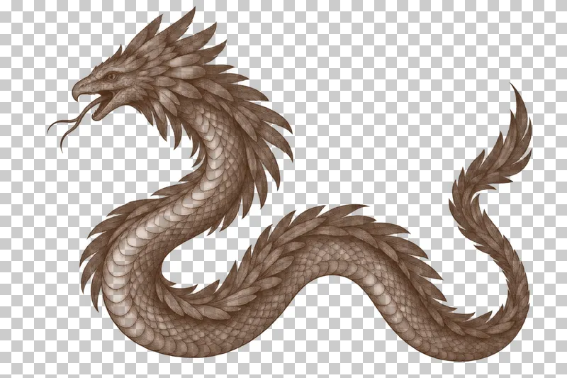 A dark-brown engraved feathered serpent with one head, dorsal plumage and a curved snake body.