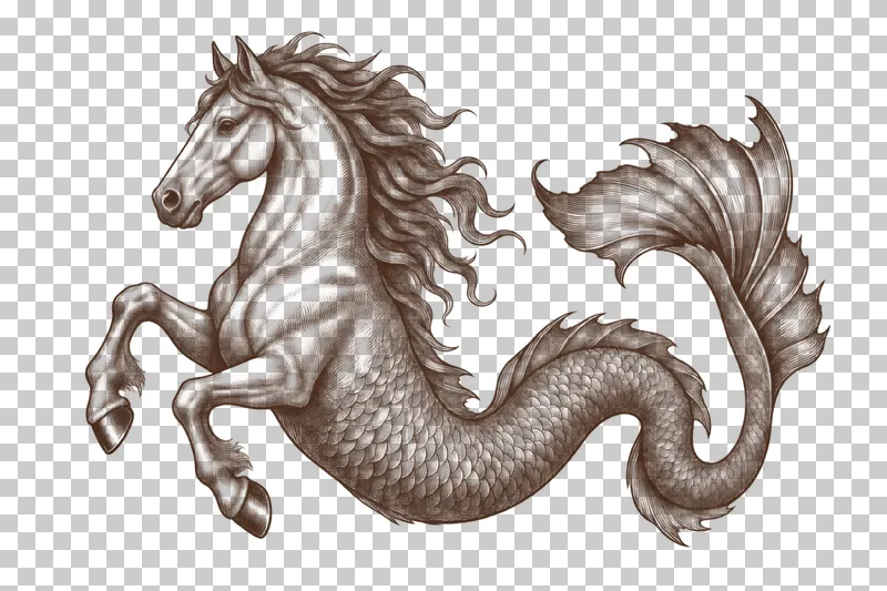 A dark-brown engraved hippocampus with a horse head, chest and two forelegs joined to a fish tail.