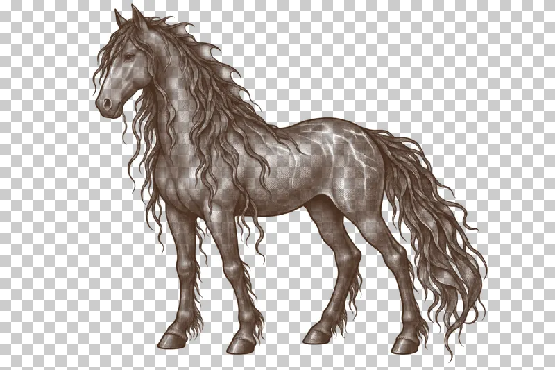 A dark-brown engraved kelpie as a standing water horse with four legs and a wet flowing mane.