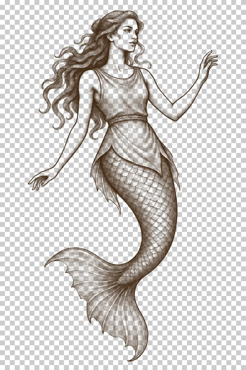 A dark-brown engraved mermaid with a covered torso, two arms and a curved fish tail.