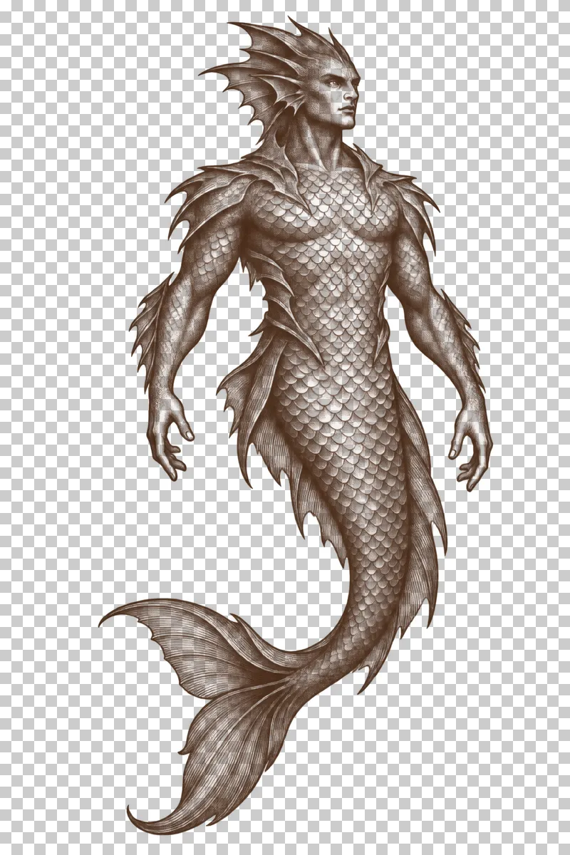 A dark-brown engraved triton with natural scale armor, two arms and one fish tail.