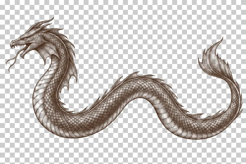 A dark-brown engraved sea serpent with one raised head and a long body curved in shallow loops.