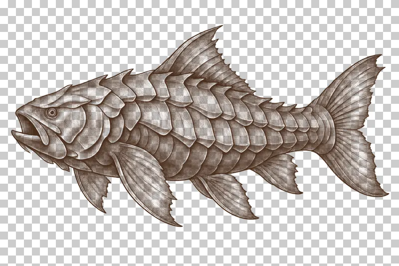 A dark-brown engraved leviathan resembling an armored fish with layered scales, fins and a broad tail.