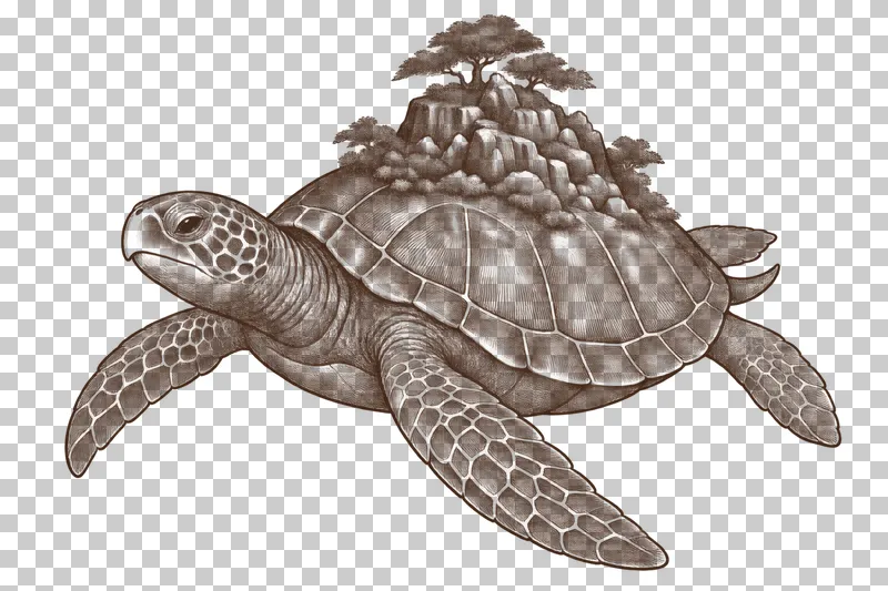 A dark-brown engraved giant turtle with four flippers and a small rocky island with trees on its shell.