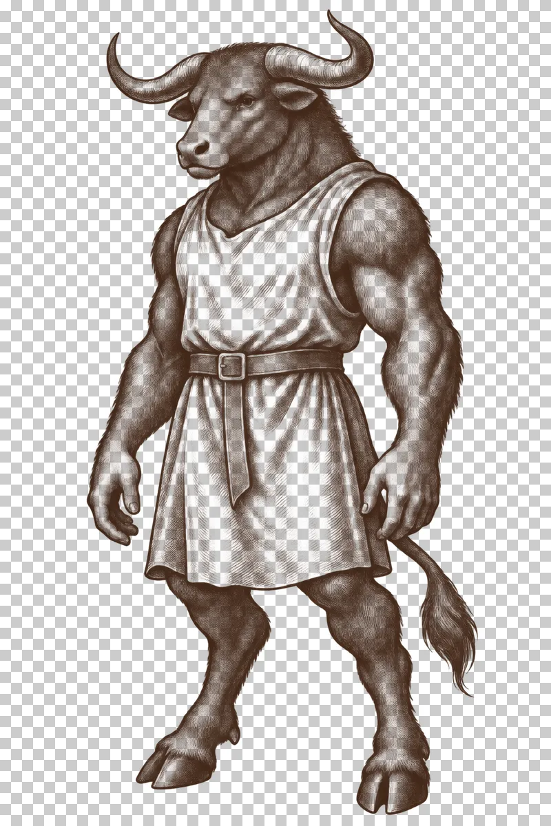 A dark-brown engraved minotaur with a bull head, two horns, two arms, two legs and a simple tunic.