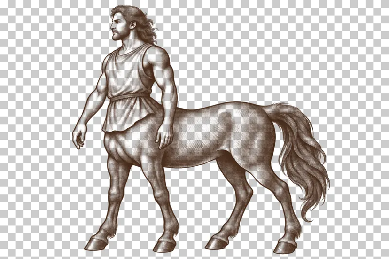 A dark-brown engraved centaur with a clothed human torso and two arms joined to a four-legged horse body.