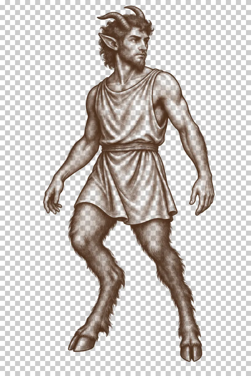 A dark-brown engraved faun with curved horns, two arms, goat legs and a simple belted tunic.