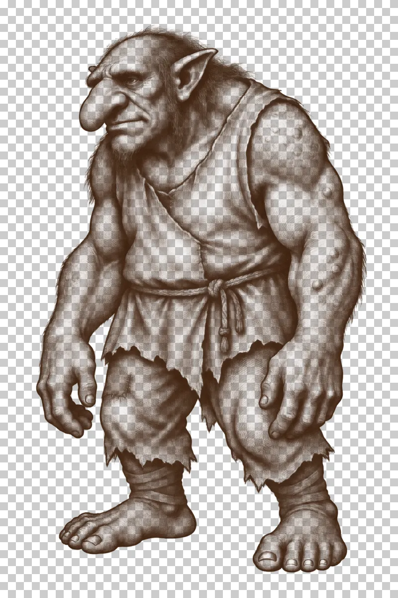 A dark-brown engraved troll standing with two arms, two legs and simple clothing.