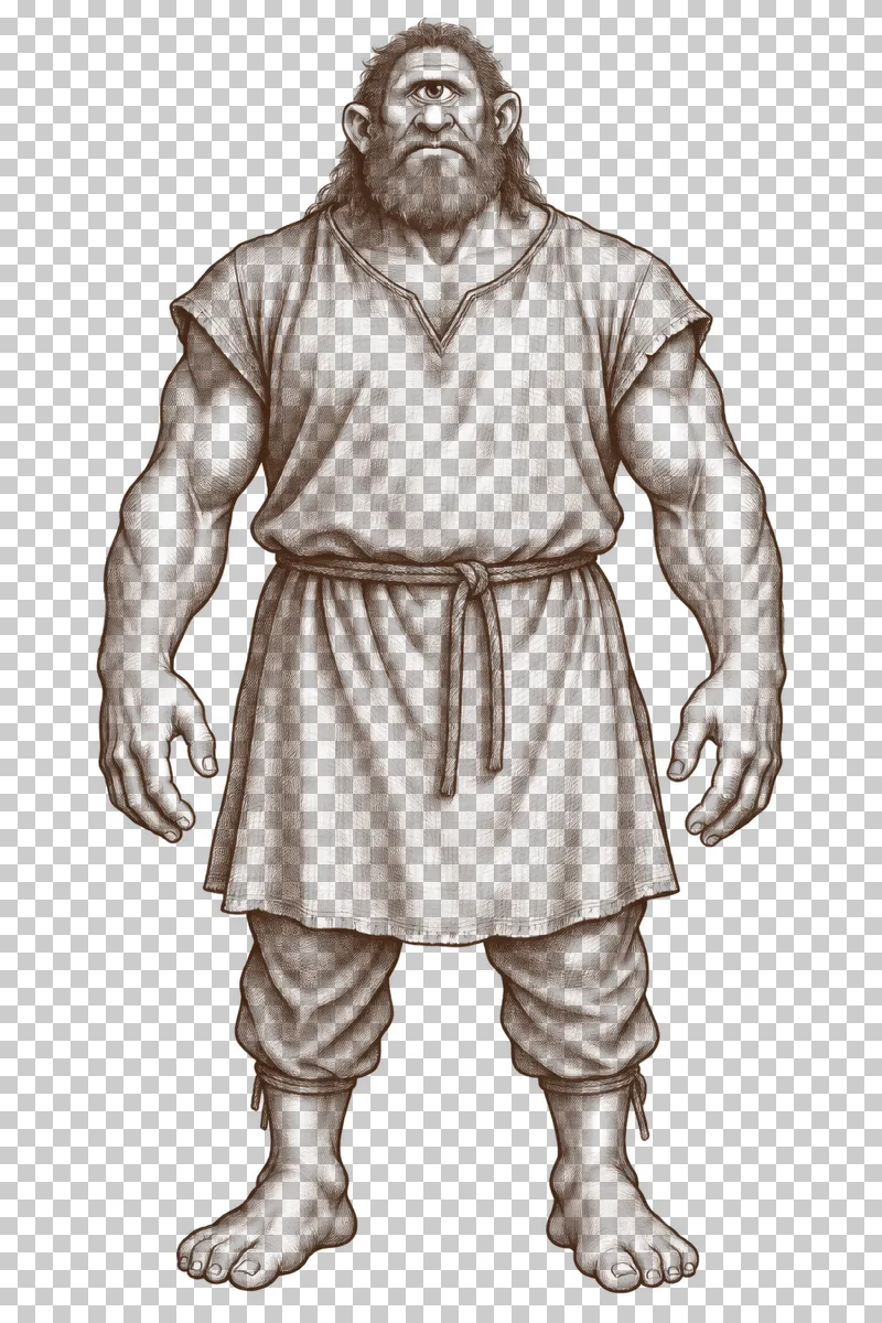 A dark-brown engraved cyclops with one central eye, two arms, two legs, a tunic and trousers.