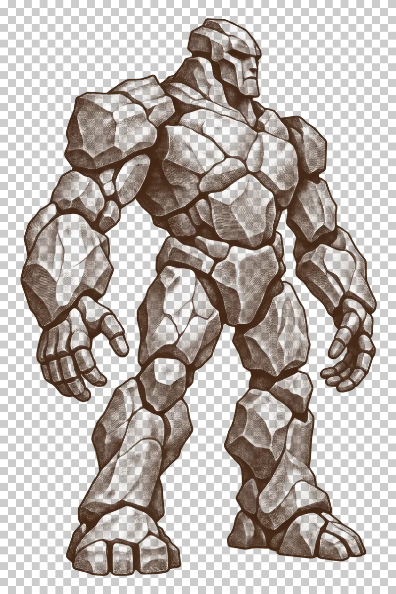 A dark-brown engraved stone golem with a coherent block-built head, two arms and two legs.