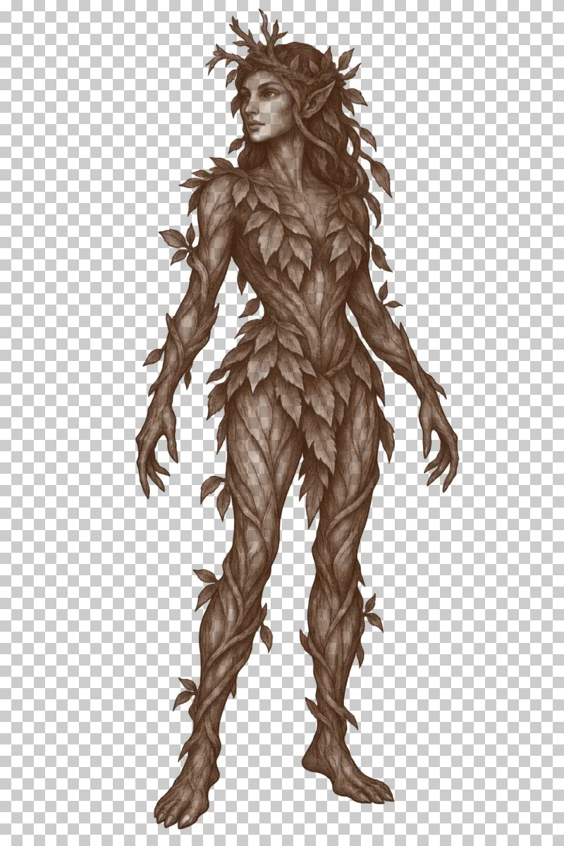 A dark-brown engraved dryad with bark skin, leafy hair and natural leaf covering over the chest and pelvis.