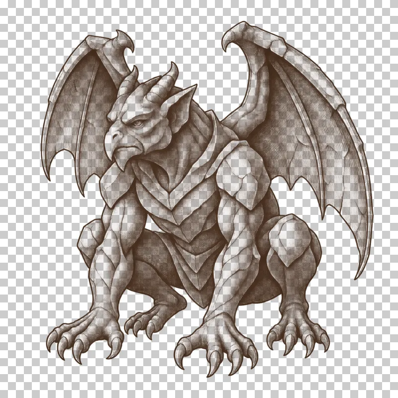 A dark-brown engraved gargoyle crouching with two arms, two legs and two raised stone wings.