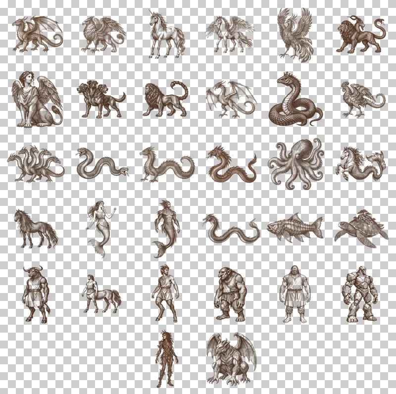 Engraved Fantasy Bestiary PNG Collection: all 32 elements in one grid