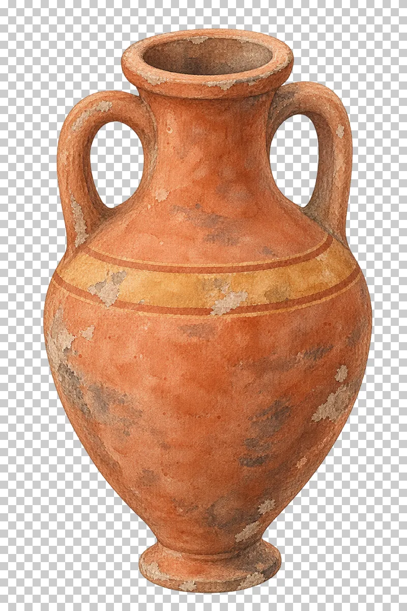 A watercolor terracotta amphora with two loop handles and a worn banded body.
