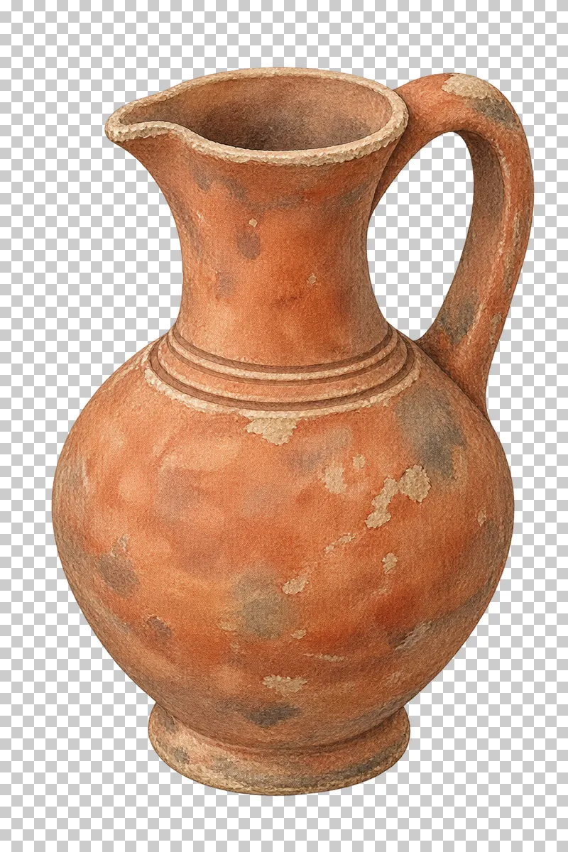 A watercolor tall ochre ceramic jug with one curved handle and an open rim.