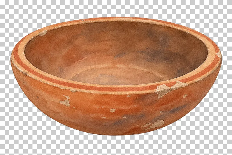 A watercolor shallow terracotta bowl with a thick rim and visible interior.