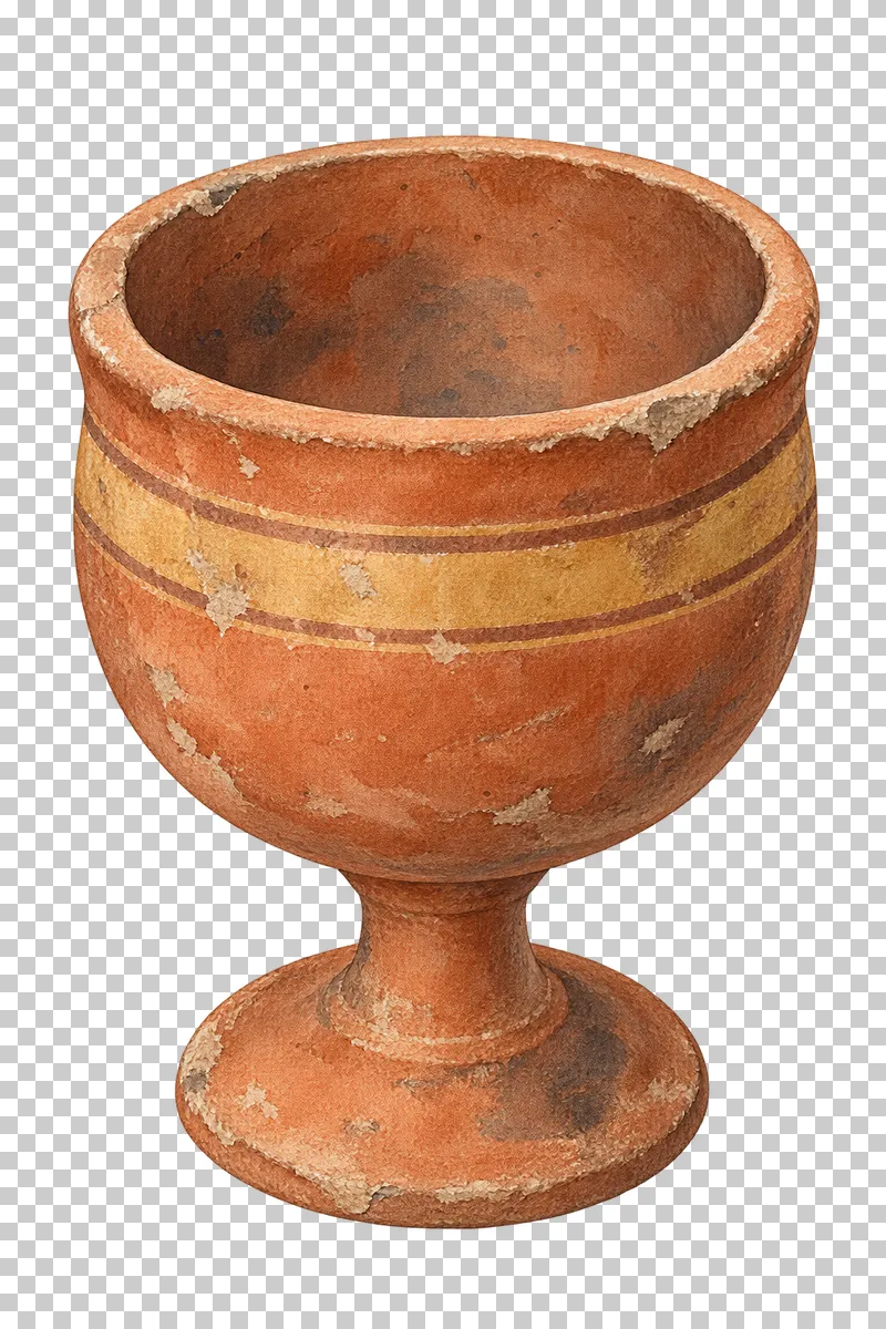 A watercolor terracotta goblet with a rounded cup, short stem and circular foot.