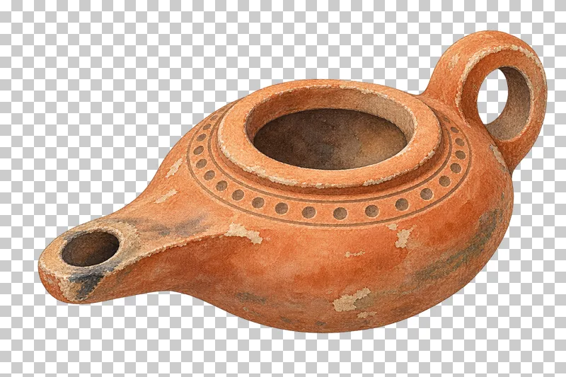 A watercolor clay oil lamp with a loop handle, reservoir opening and projecting spout.