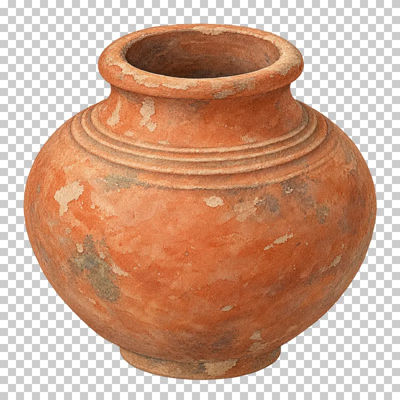A watercolor rounded storage jar with a broad shoulder and short open neck.