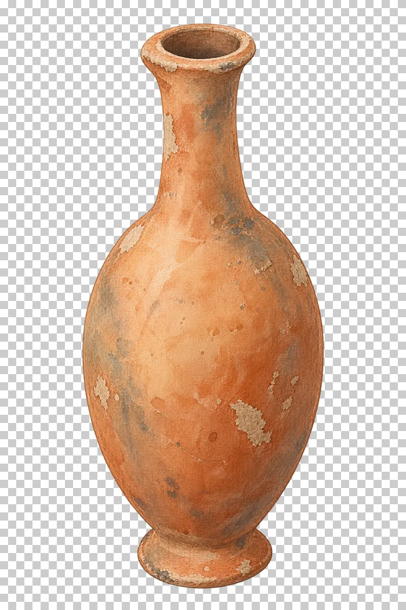 A watercolor narrow ceramic flask with a slender neck and elongated body.
