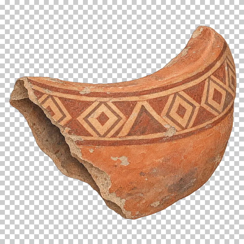 A watercolor pottery sherd with a continuous geometric band on its curved surface.