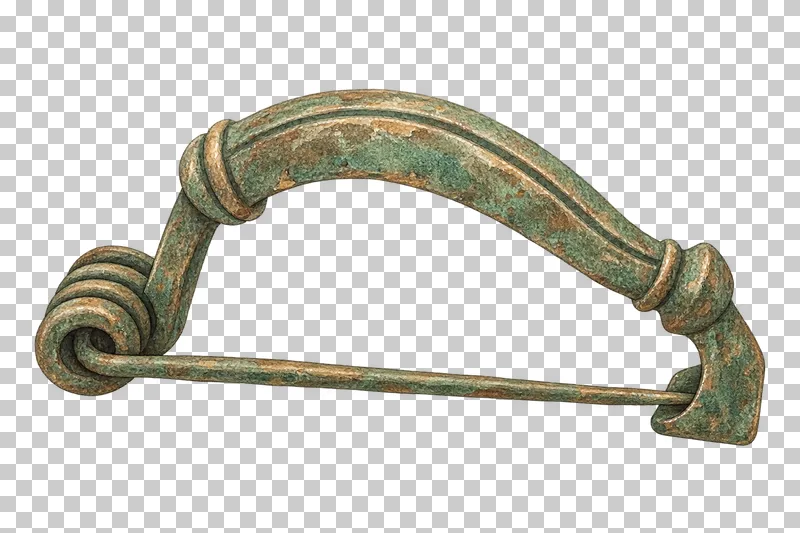 A watercolor arched bronze fibula with green patina and an attached pin.