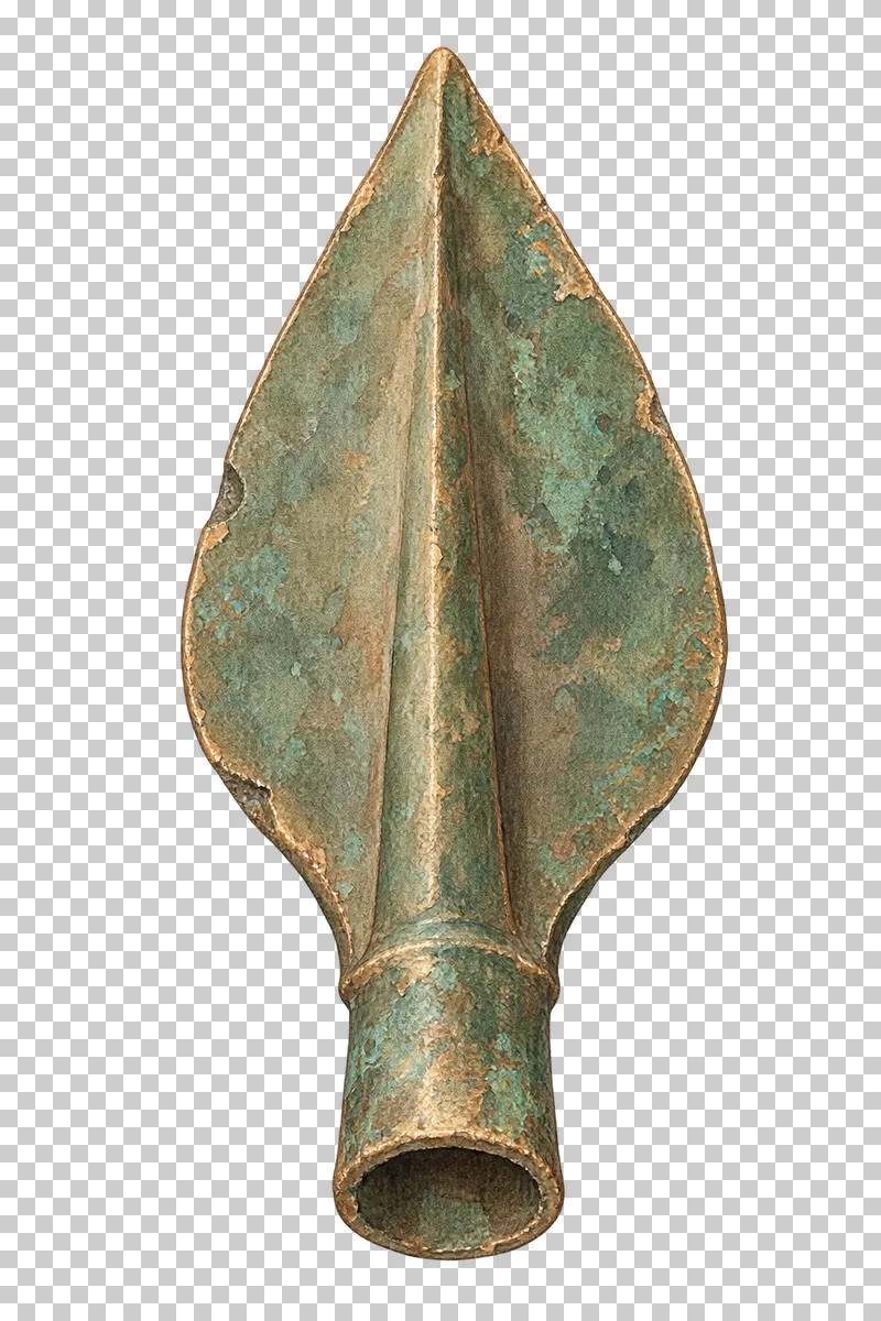 A watercolor bronze arrowhead with a pointed blade and hollow socket.
