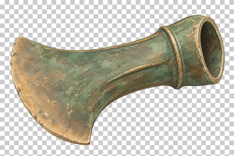 A watercolor patinated metal axe head with a curved cutting edge and shaft socket.