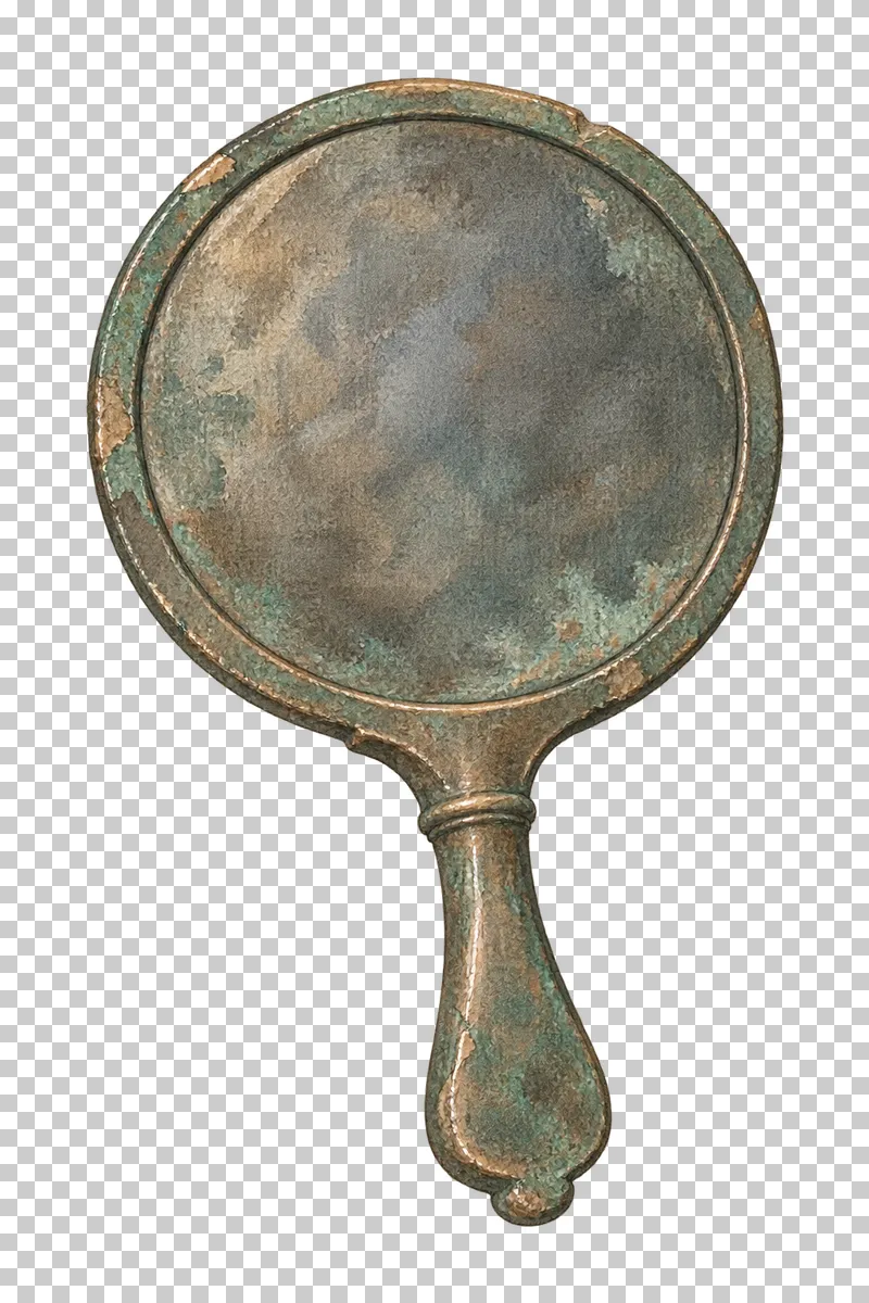 A watercolor round bronze mirror with a decorative handle and weathered reflective face.