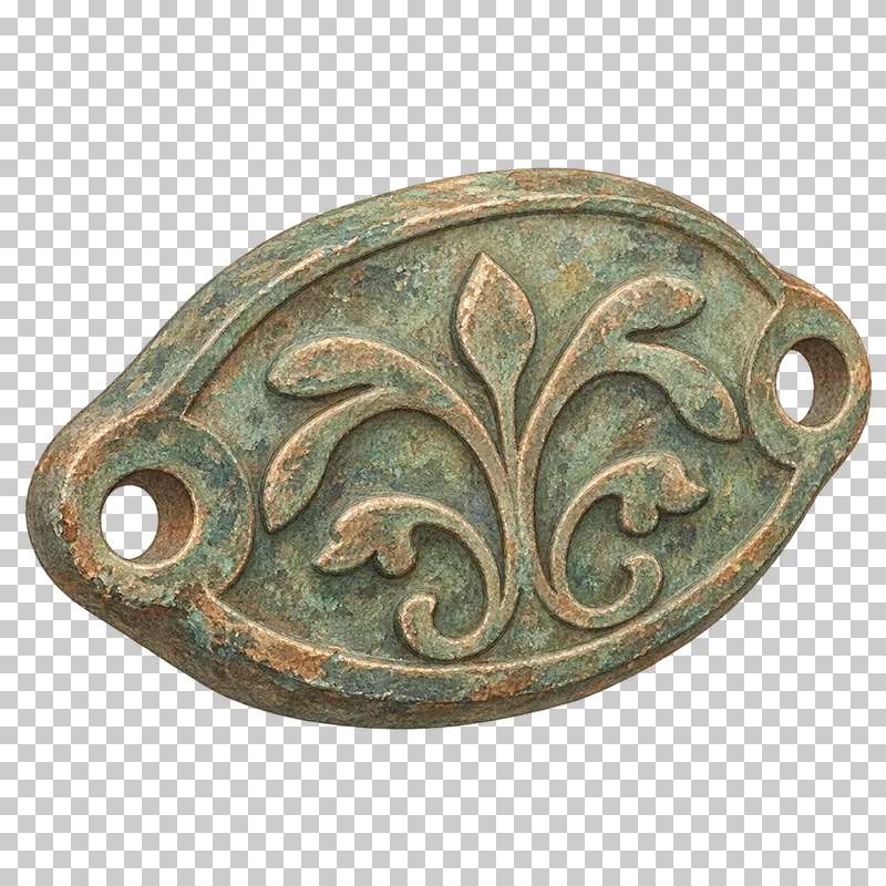 A watercolor oval bronze belt fitting with raised scrollwork and fastening holes.