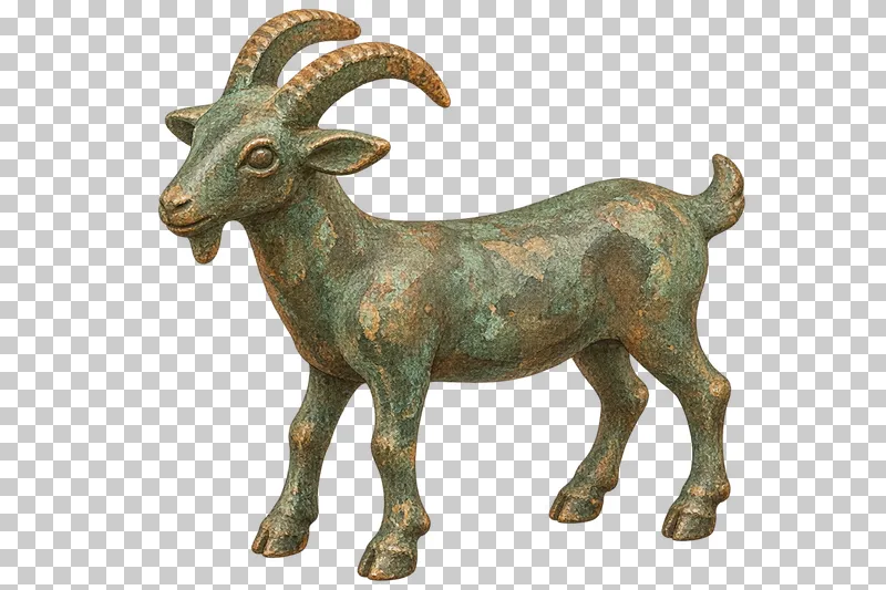 A watercolor small bronze goat figurine with four legs and two curved horns.