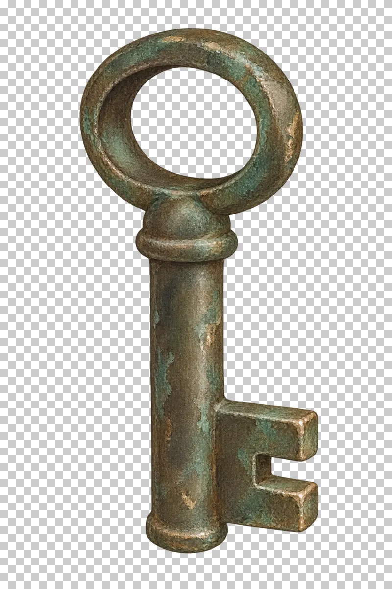 A watercolor old metal key with a round bow, long shaft and shaped bit.