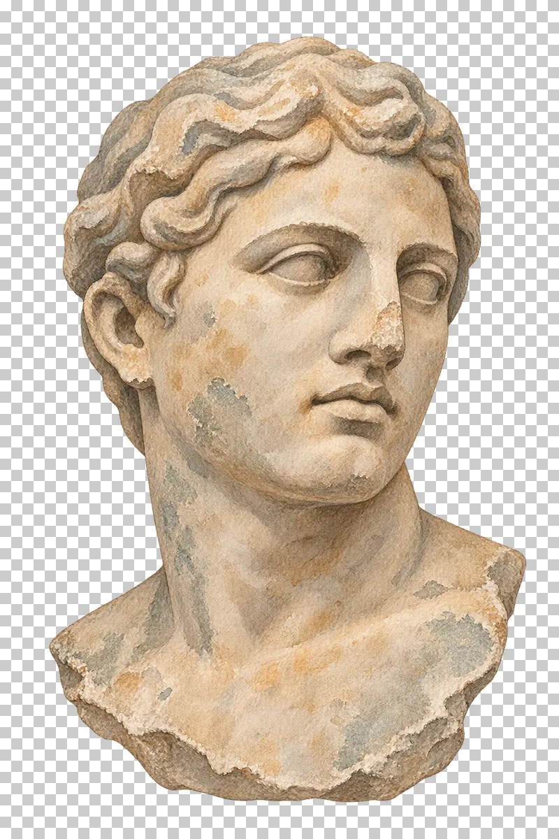 A watercolor limestone bust with a carved face, wavy hair and a worn broken base.