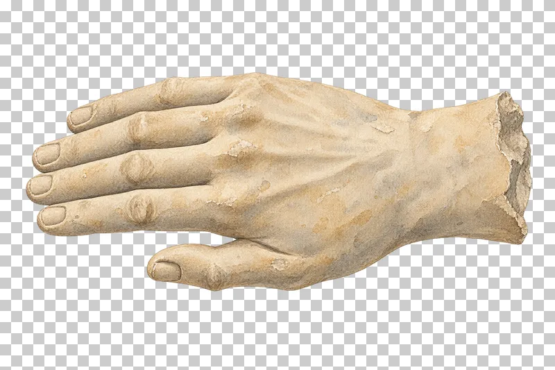 A watercolor stone statue hand viewed from the back with relaxed fingers, a naturally positioned thumb and a fractured wrist.