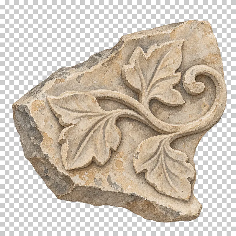 A watercolor stone relief fragment with raised leaves and curling plant stems.