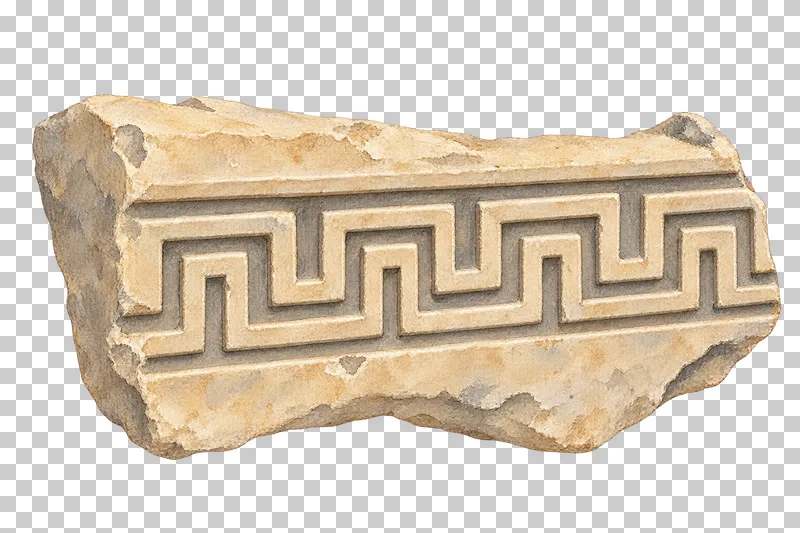 A watercolor rectangular stone frieze fragment with a repeating geometric pattern.