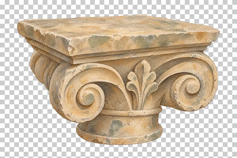 A watercolor carved column capital with scrolls, leaves and a broad upper slab.