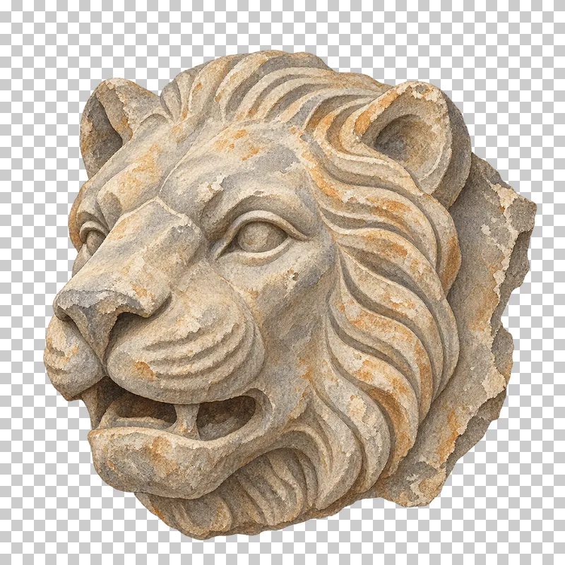 A watercolor stone lion head with a carved mane and a weathered face.