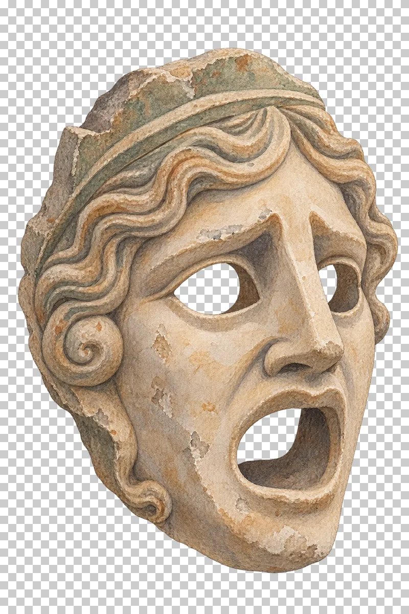 A watercolor stone theatrical mask with an open mouth and hollow eye openings.
