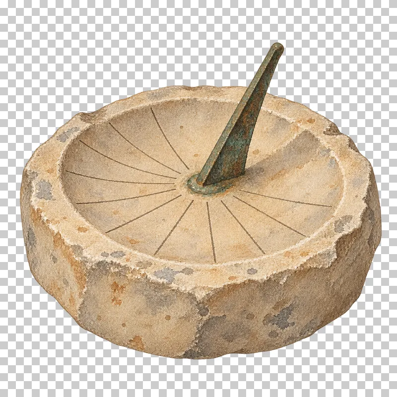 A watercolor round stone sundial with radial markings and a projecting gnomon.